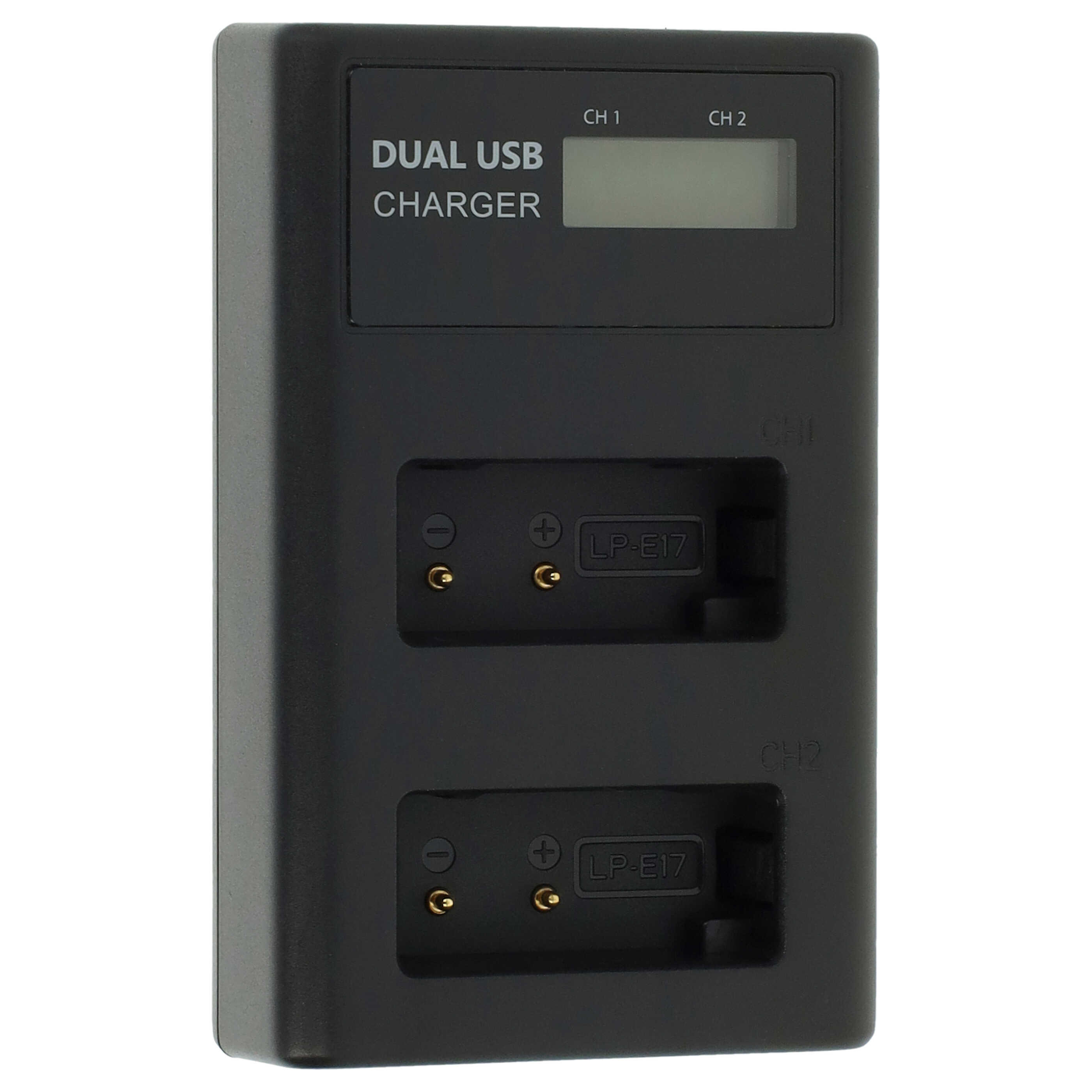 Schwarzes Dual-USB-Ladegerät. Es hat zwei Steckplätze für Batterien mit einem LCD-Bildschirm. Weißer Hintergrund.