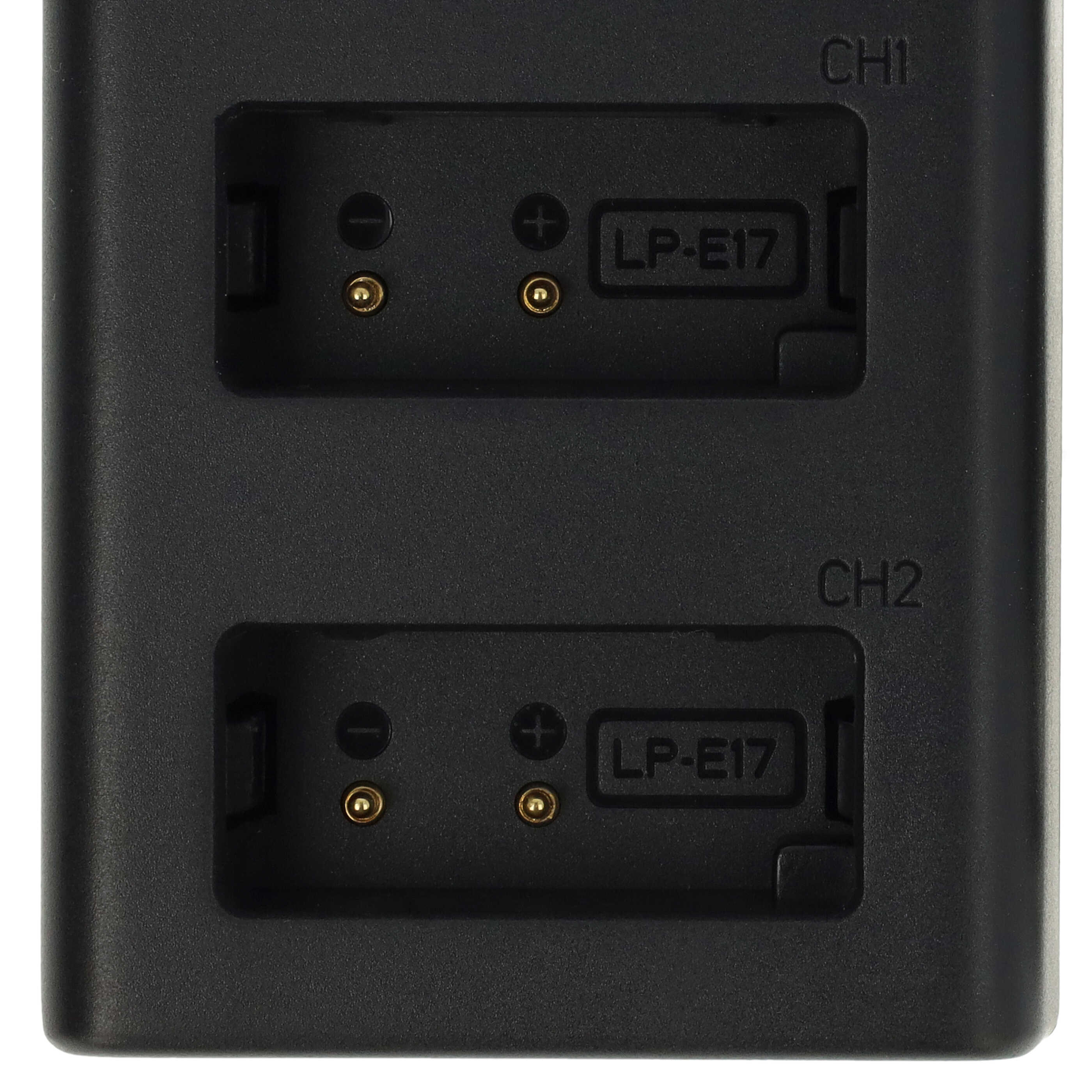 Schwarzes Dual-Akkuladegerät mit zwei Steckplätzen, beschriftet mit CH1, CH2 und LP-E17.