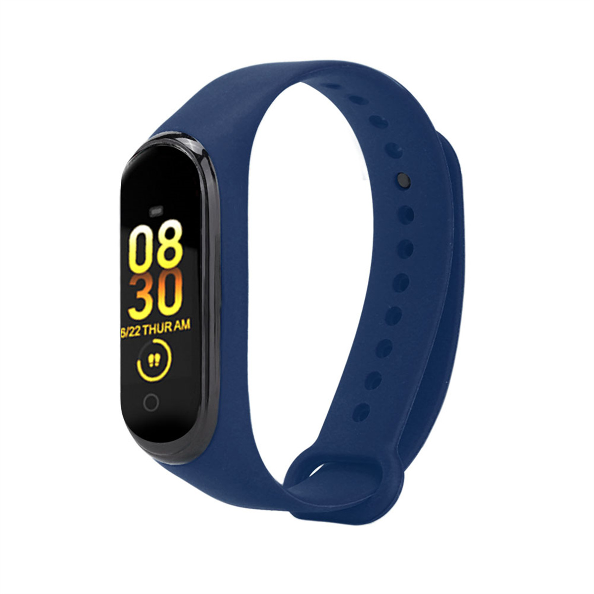 Blaue Smartwatch mit Zeitanzeige auf weißem Hintergrund.