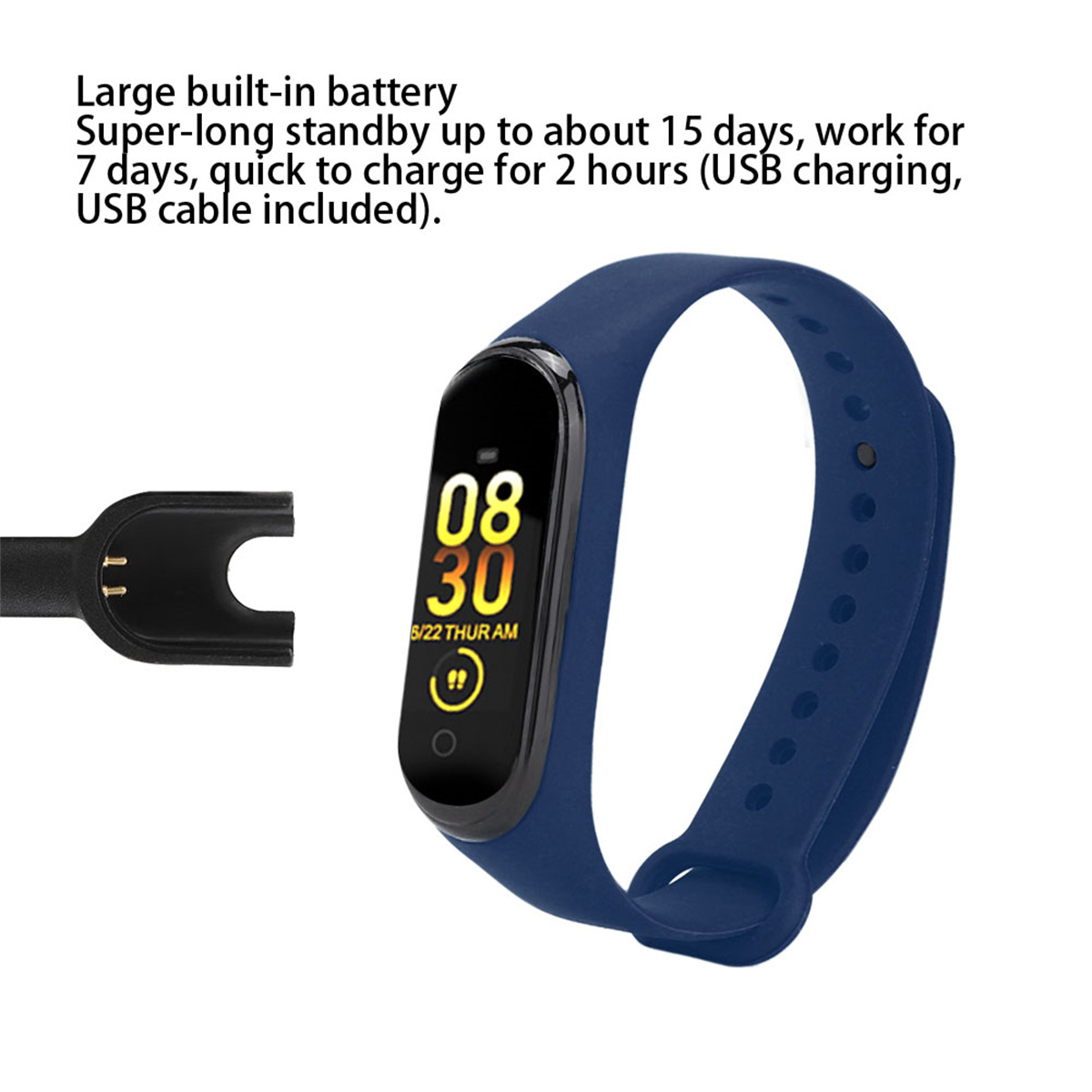Blauer Fitnesstracker mit Zeitanzeige und USB-Ladekabel.