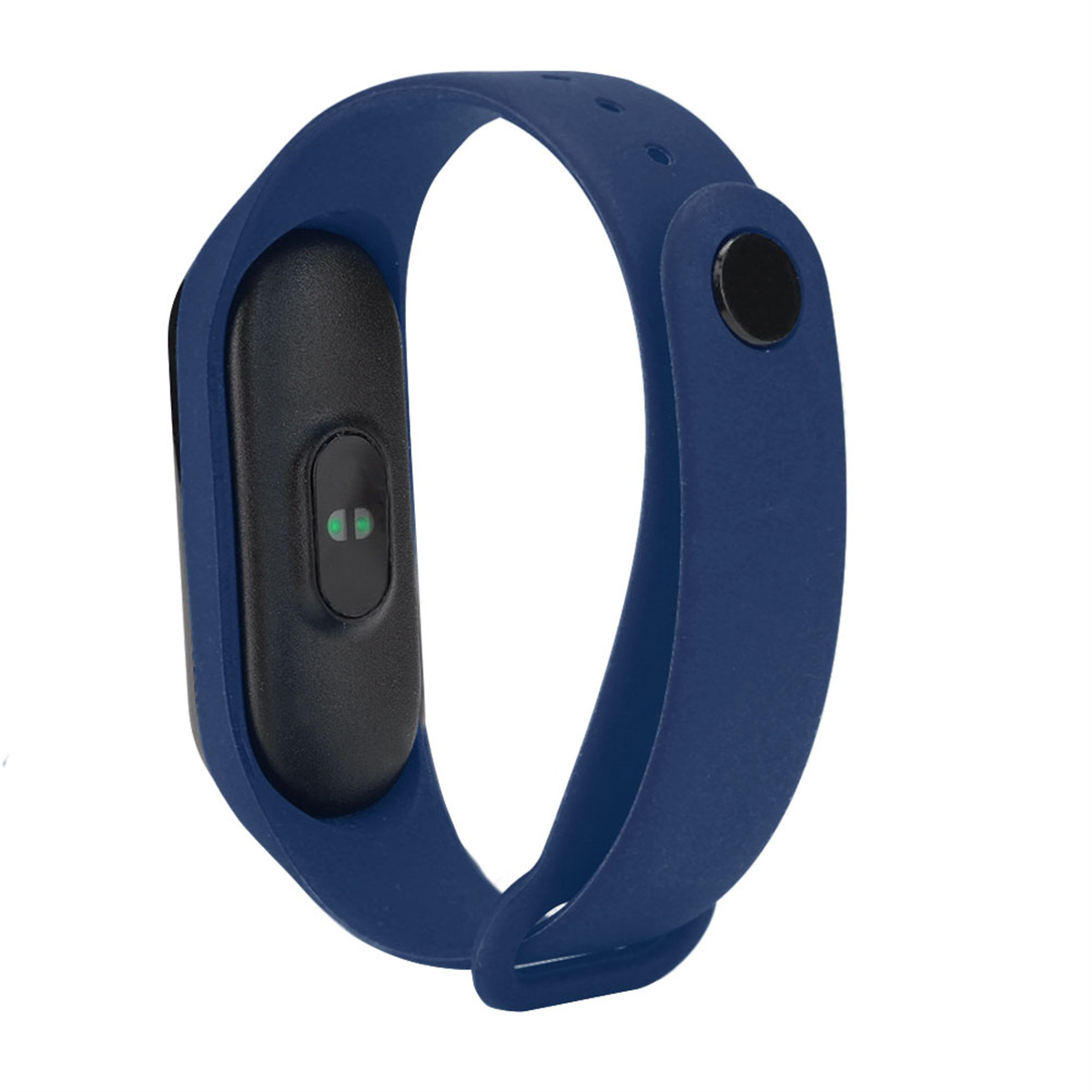 Blaues Smartwatch-Armband mit schwarzem Bildschirm und Knopf.