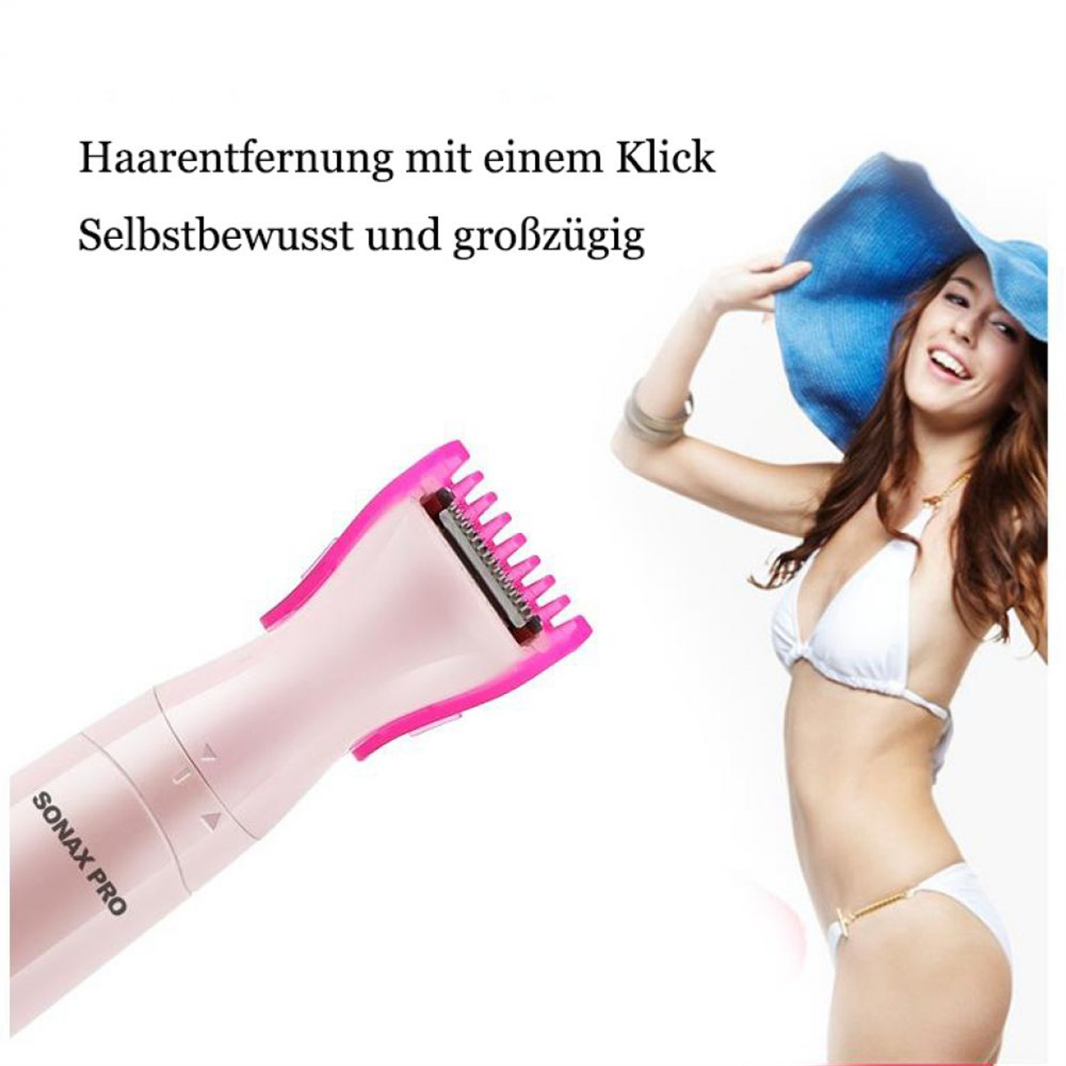 Eine Frau in Bikini und Hut benutzt ein rosa Haarentfernungswerkzeug.