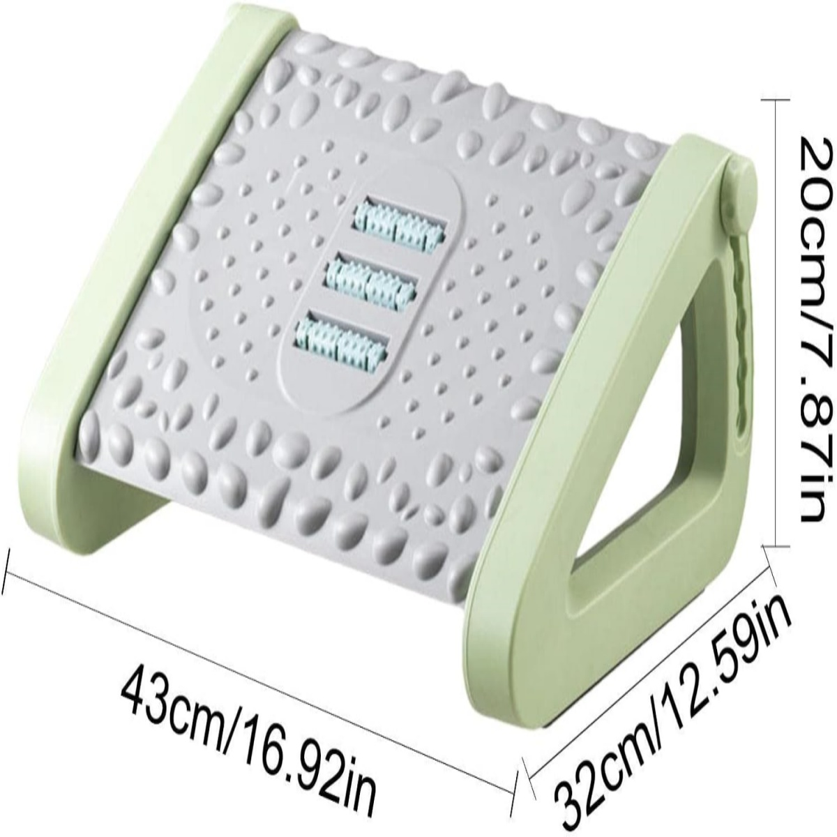 Graue Fußstütze mit grünen Halterungen. Abmessungen: 43cm/16.92in, 32cm/12.59in, und 20cm/7.87in.