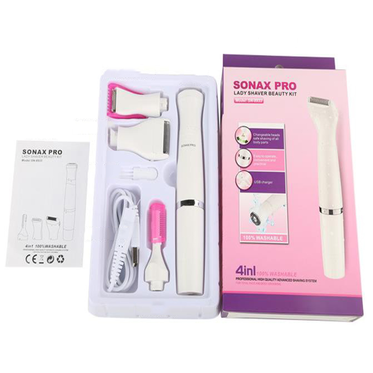 Lady Shaver Beauty Kit mit mehreren Aufsätzen und einer Produktbox.