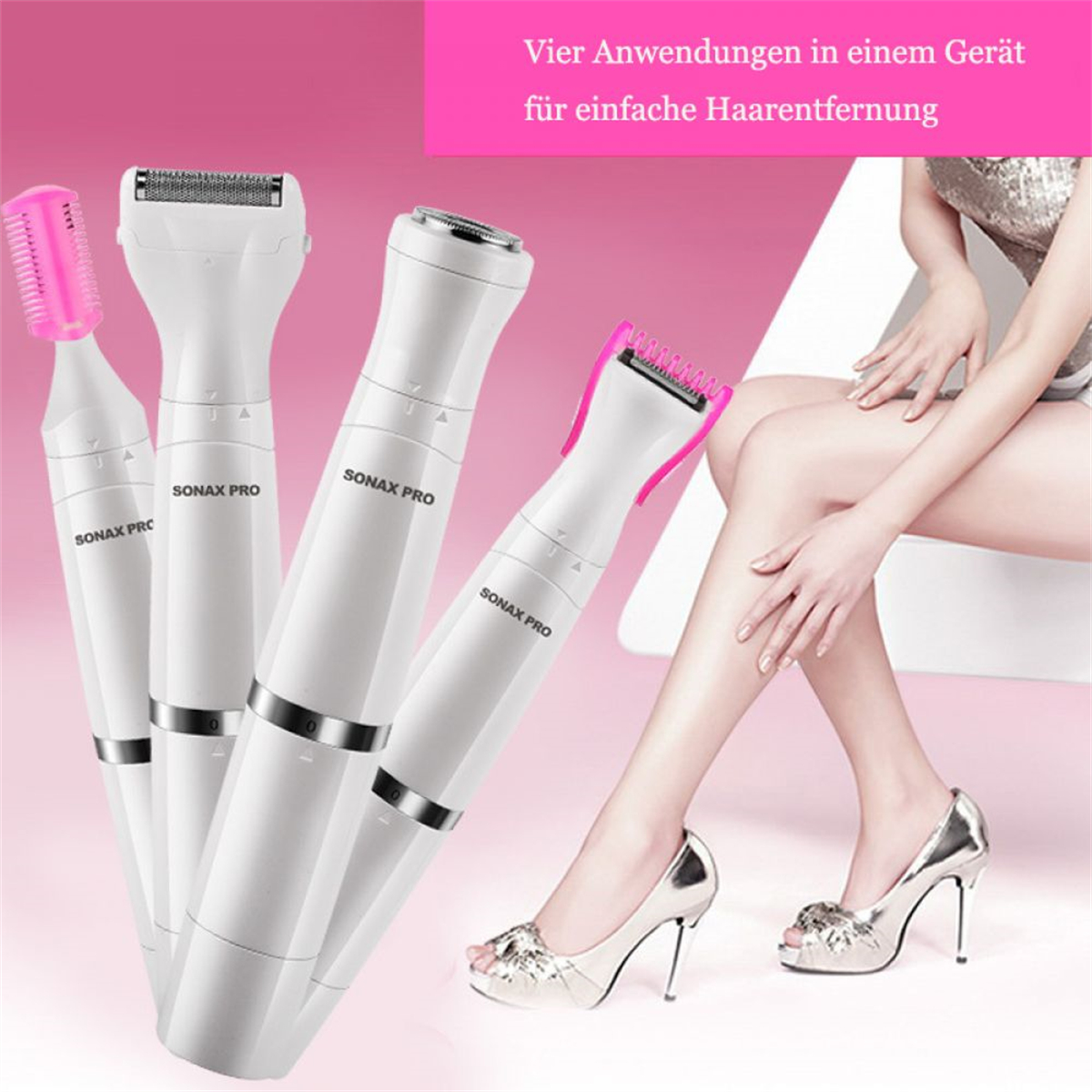Vier weiße Haarentfernungsgeräte, die Beine einer Frau und ein Paar silberne High Heels.