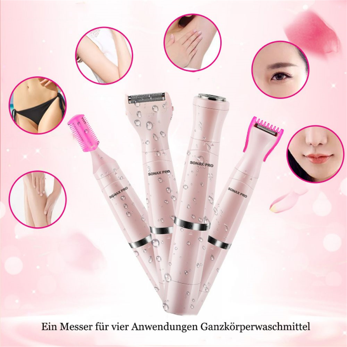 Vier rosa elektrische Rasierer mit Nahaufnahmen von Körperbereichen.