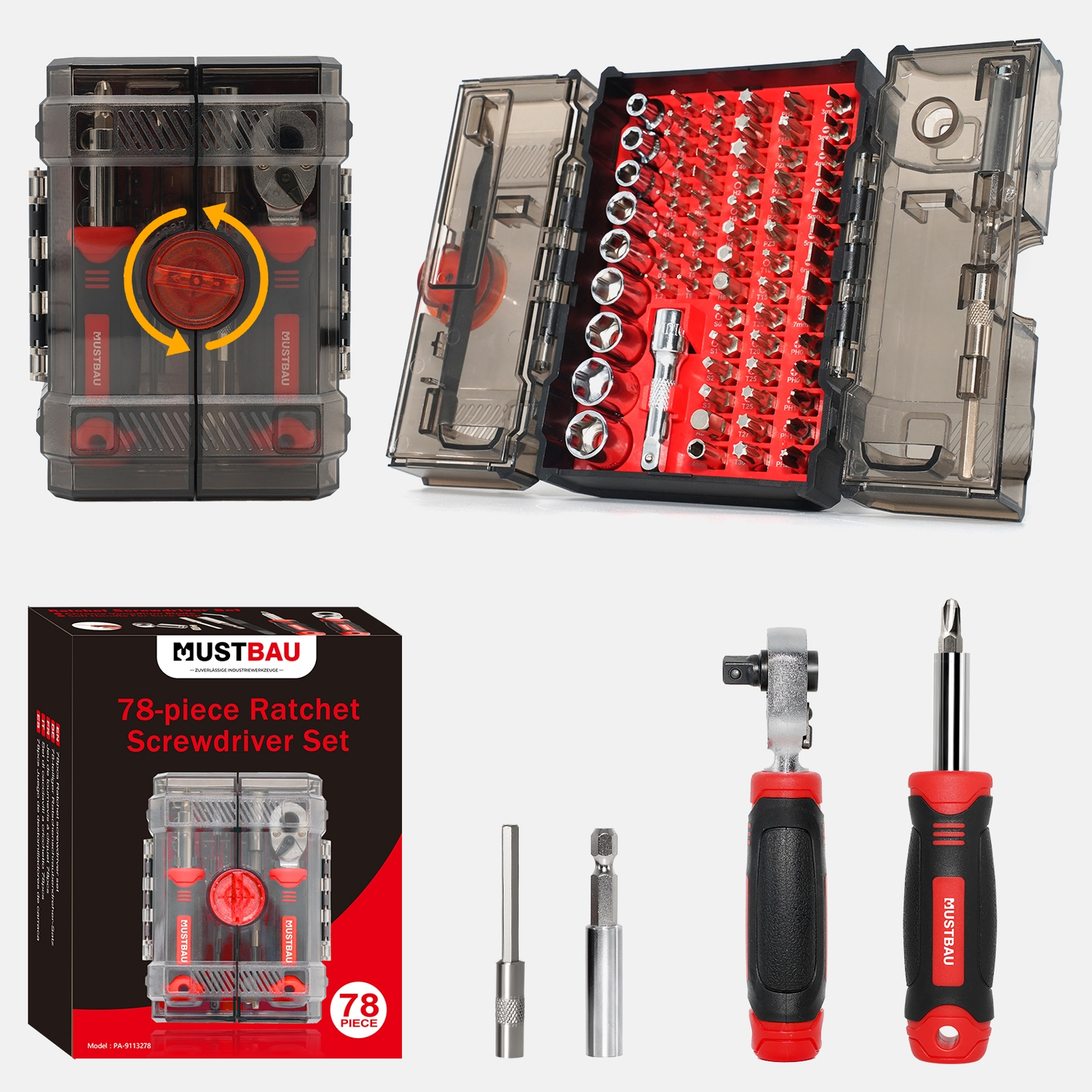 Ein 78-teiliges Mustbau Ratschen-Schraubendreher-Set mit geschlossenem Etui, geöffnetem Inhalt und einzelnen Werkzeugen.