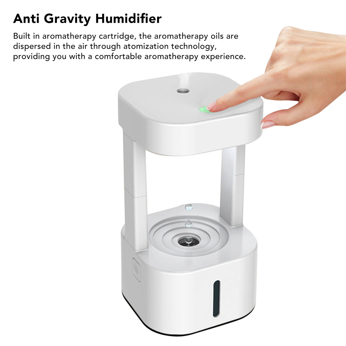 Weißer Luftbefeuchter mit einer Hand, die den grünen Einschaltknopf drückt. Ein kleiner Wassertank ist sichtbar.