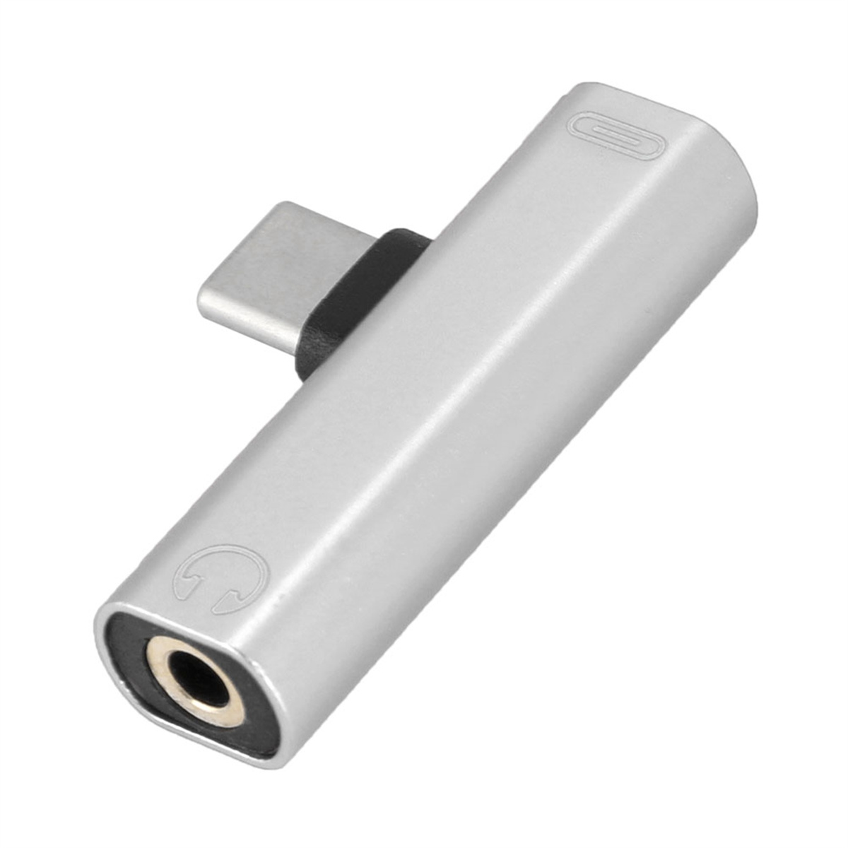 Silberner USB-C-auf-3,5-mm-Kopfhöreranschluss-Adapter mit einem schwarzen Verbindungsstück.