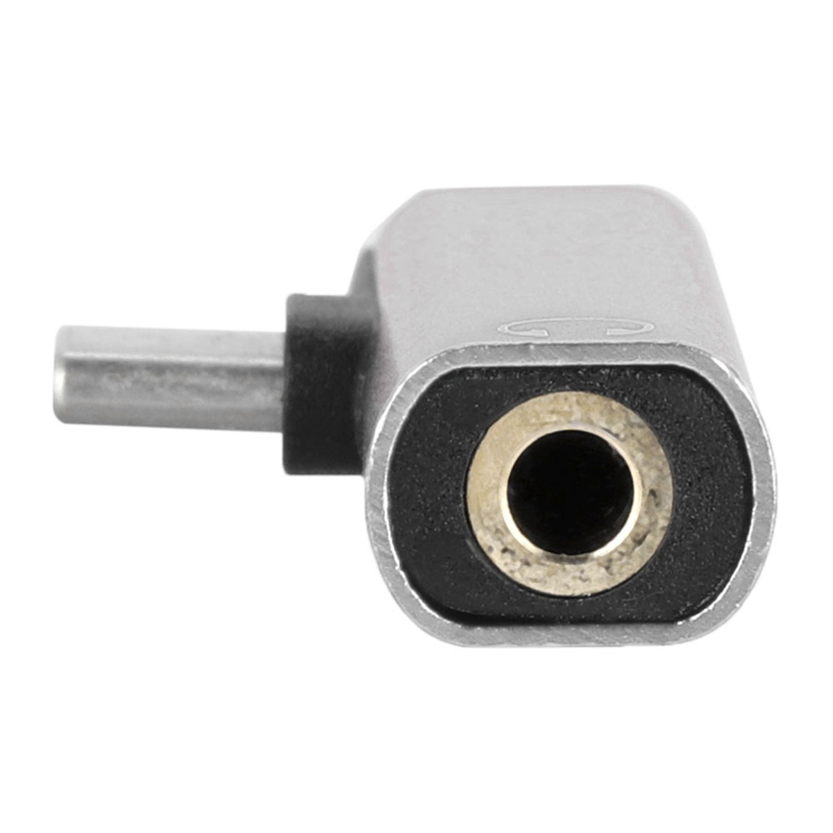 Silberner Audioadapter mit Stecker und Buchse.