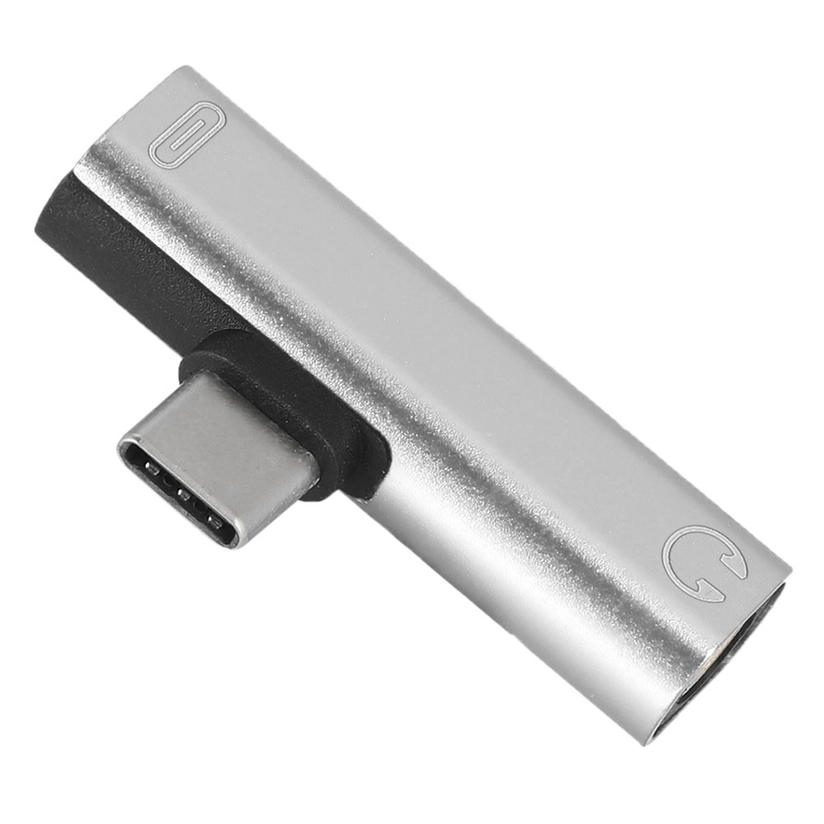 Ein silberner Adapter mit USB-C- und Lightning-Anschluss für Audiogeräte.