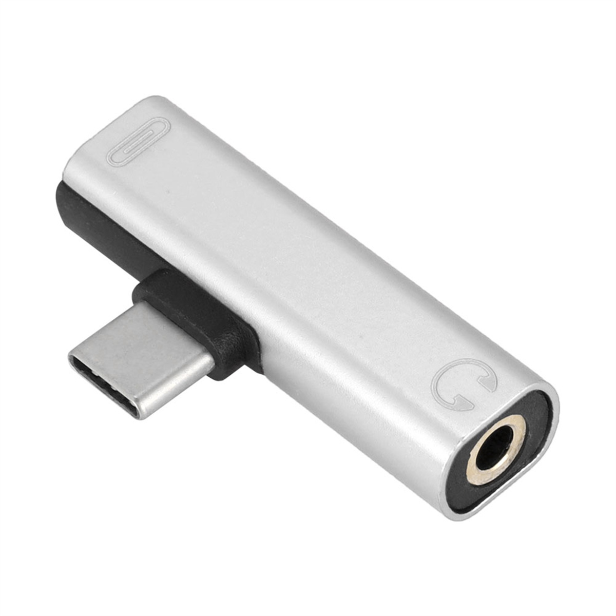 Ein silberner Adapter mit USB-C- und Audioanschluss, für Telefone und Audiogeräte.
