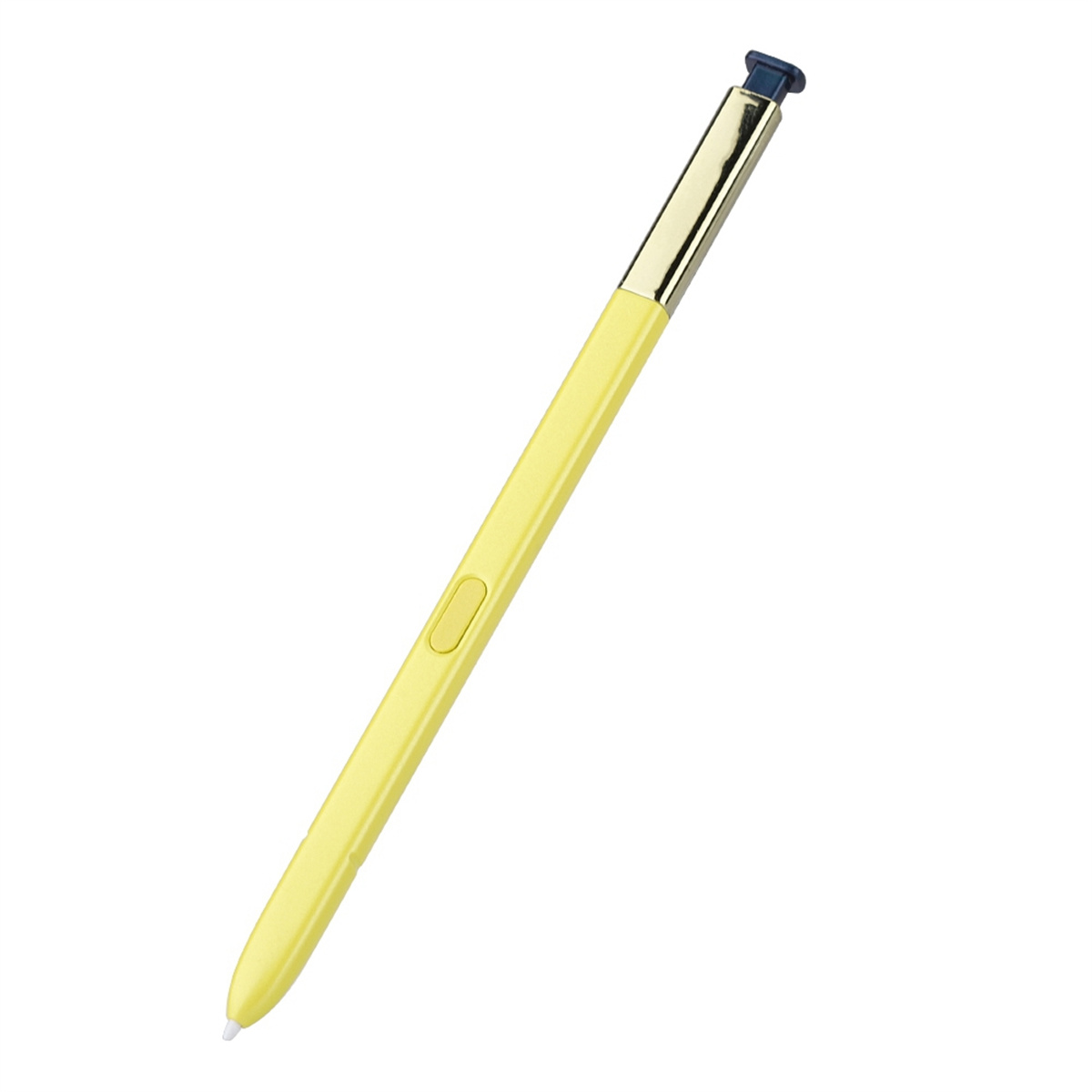 Gelber Eingabestift mit goldfarbenem Oberteil und Knopf. Weißer Hintergrund.
