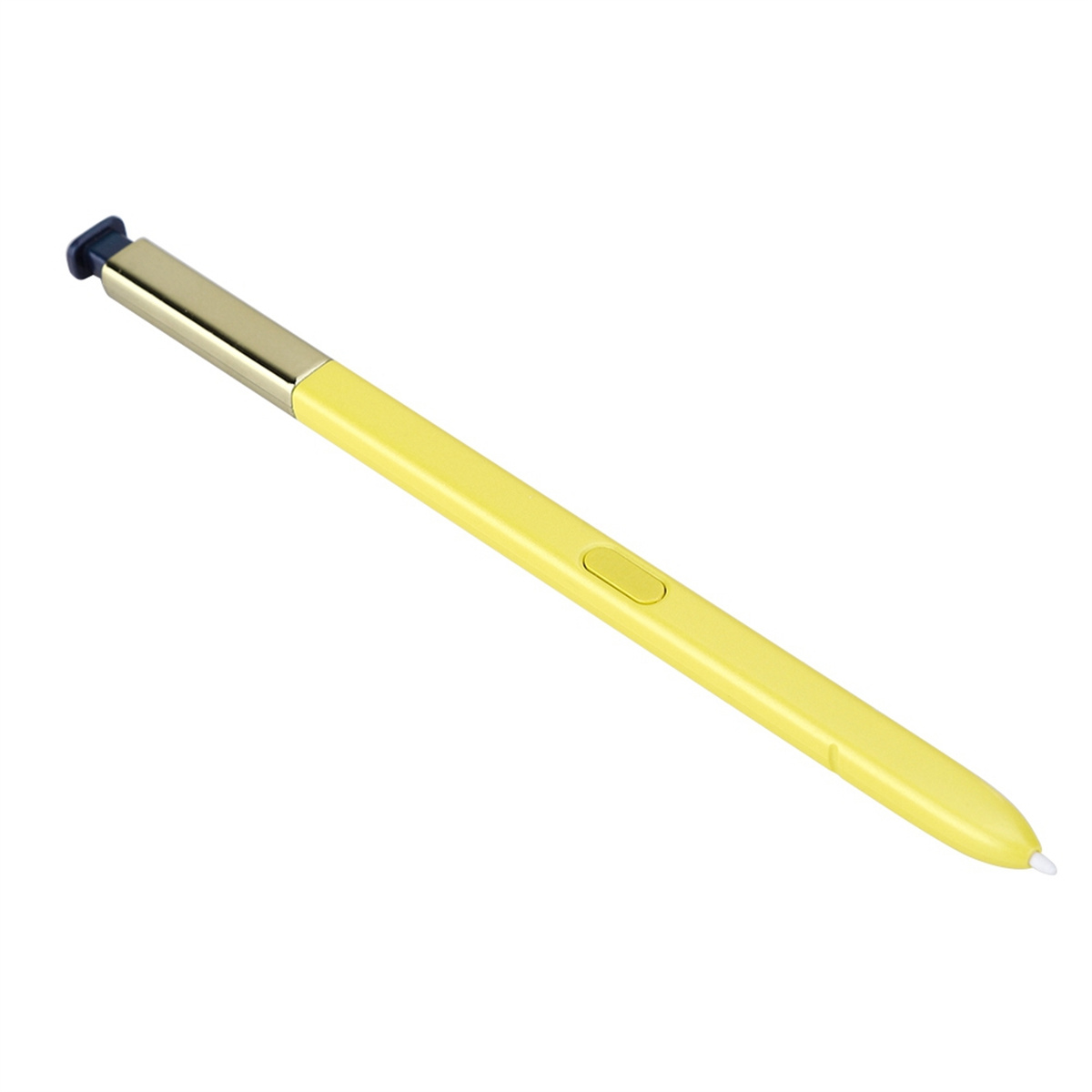 Gelber Eingabestift mit Goldakzent und blauer Spitze auf weißem Hintergrund.