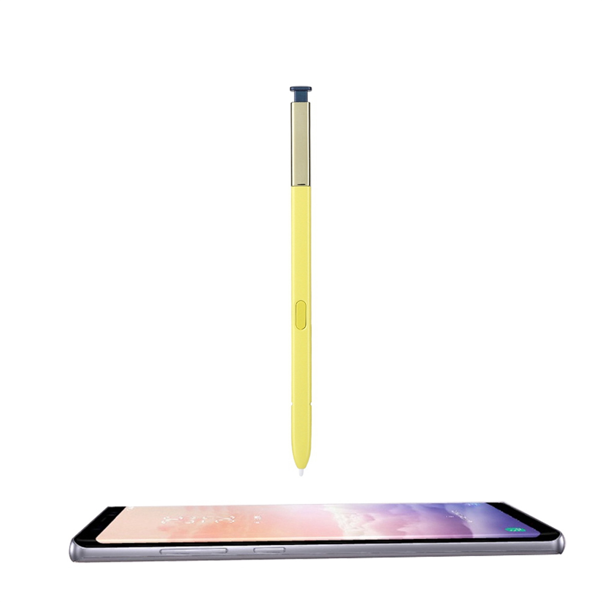 Gelber Stylus-Stift schwebt über einem schwarzen Smartphone.