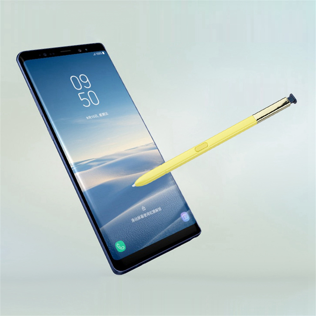 Ein blaues Smartphone mit gelbem Stift. Der Bildschirm zeigt Uhrzeit und Datum an.