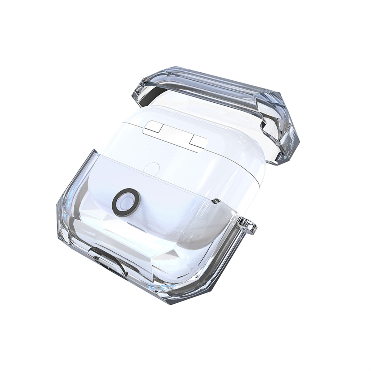 Transparente AirPods-Hülle mit offenem Deckel, das weiße Innere zeigend.