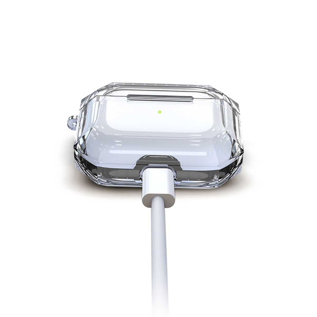 Klar, transparente AirPods-Hülle mit angeschlossenem Ladekabel. Der Hintergrund ist weiß.
