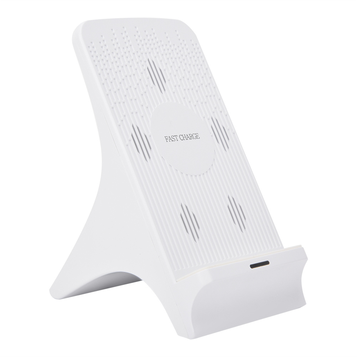 Weißer Telefonständer mit gebogener Basis und schräger Oberseite. Weißer Hintergrund.