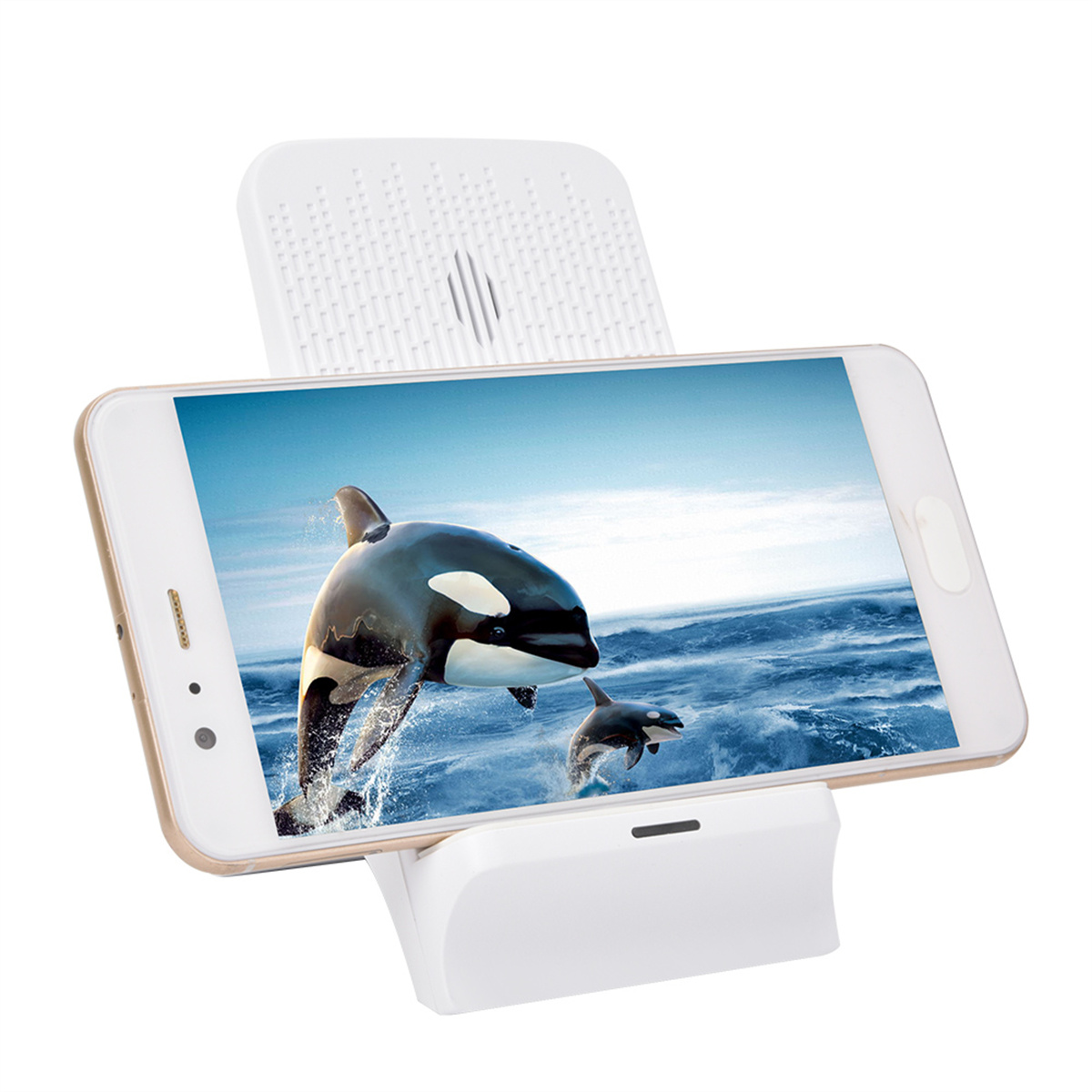 Ein Smartphone, das Orcas in einer Halterung anzeigt.