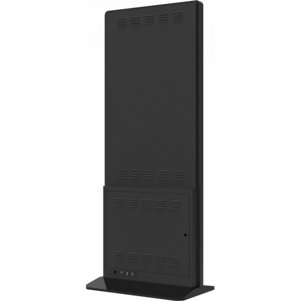 Schwarzes Digital Signage. Vertikaler Bildschirm. Ein Schrank unten mit Anschluss.