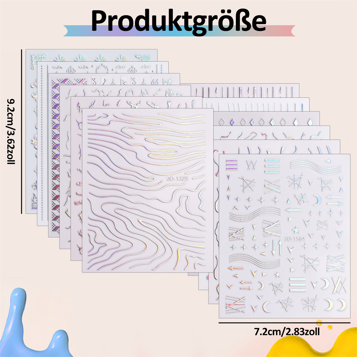 Blatt mit Nagelkunst-Aufklebern. Das Blatt hat verschiedene Designs und Abmessungen.