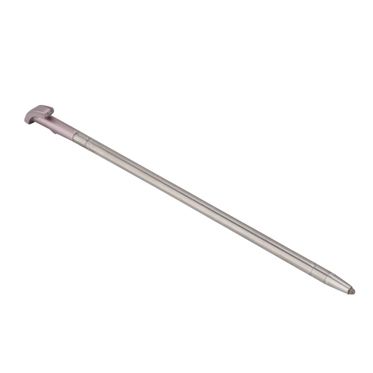 Ein silberner Stift mit grauer Taste oben und metallischer Spitze.