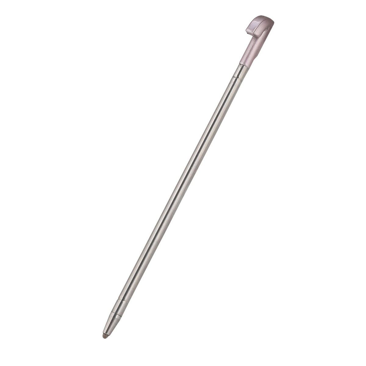 Ein silberner Eingabestift mit grauer Spitze und Clip. Der Stift ist in einem Winkel auf weißem Hintergrund.