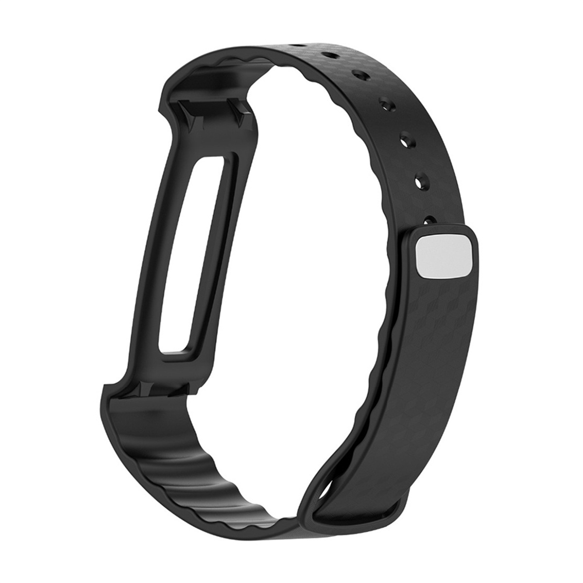 Schwarzes Uhrenarmband, ein gebogenes, strukturiertes Band mit Löchern und einem Verschluss.