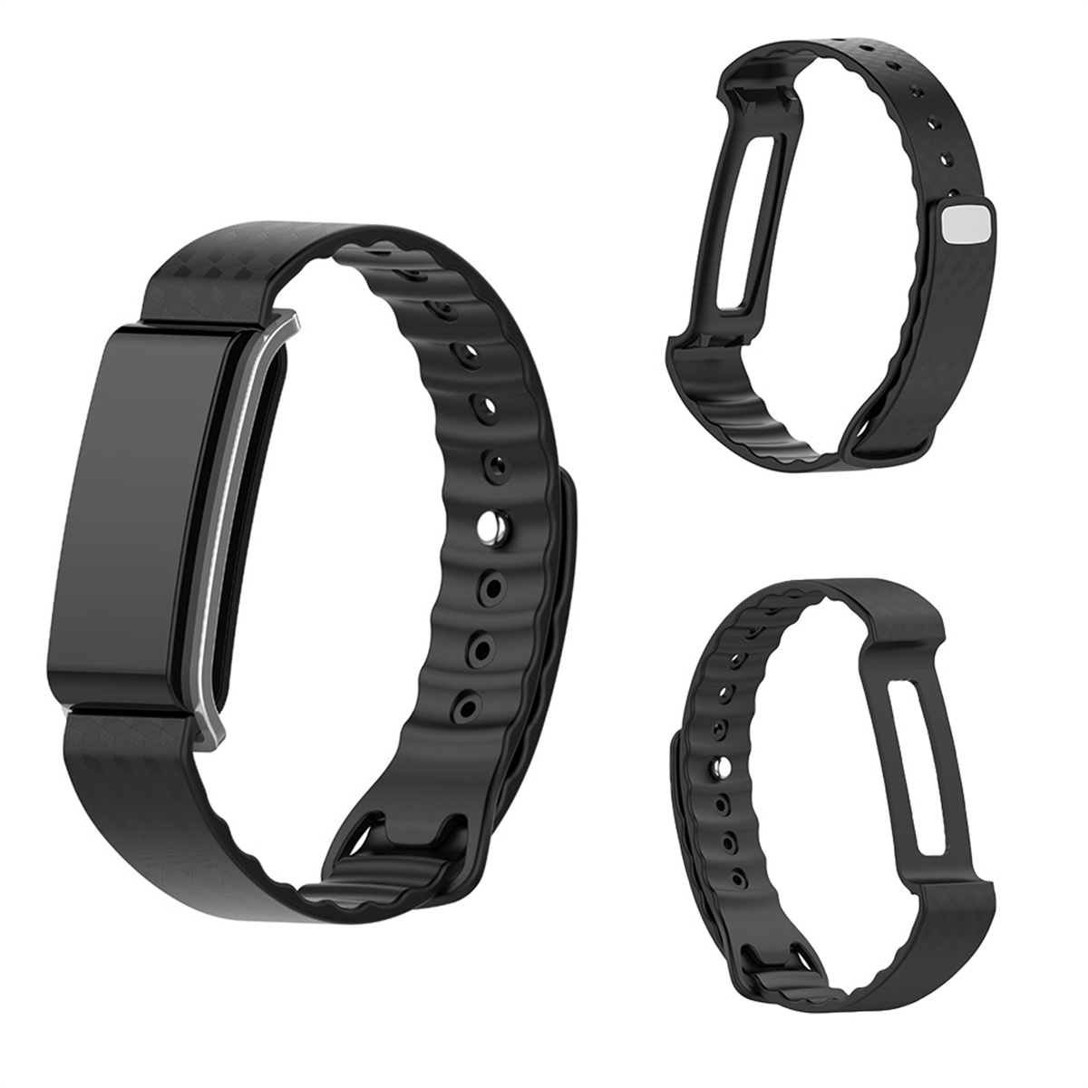 Schwarze Fitness-Tracker-Armbänder in verschiedenen Stilen.