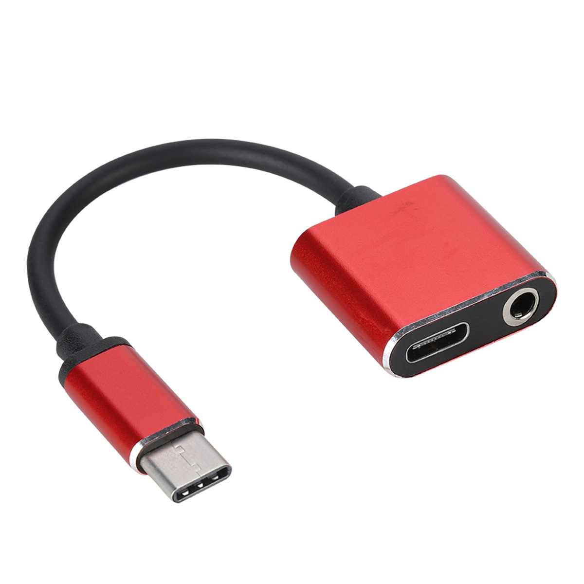 Roter und schwarzer Audioadapter mit USB-C- und 3,5-mm-Anschlüssen.