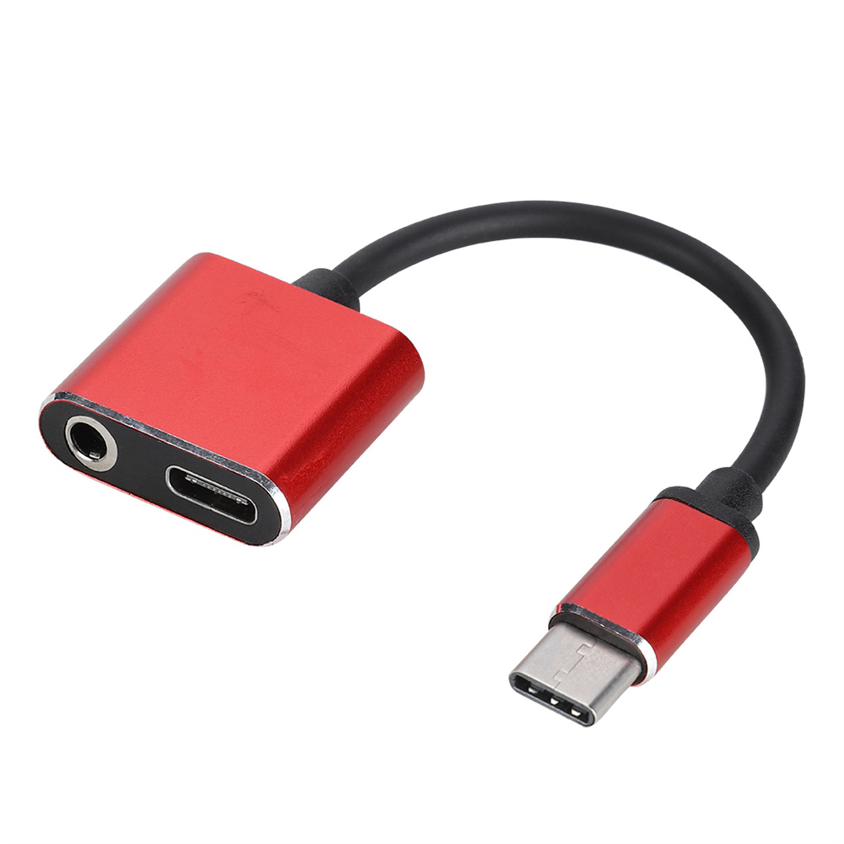 Roter Adapter mit USB-C-Anschluss und 3,5-mm-Audiobuchse.