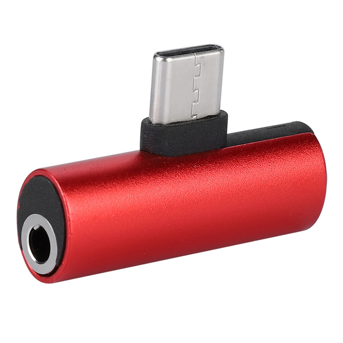 Roter und schwarzer Audioadapter mit USB-C- und 3,5-mm-Klinkenanschluss.