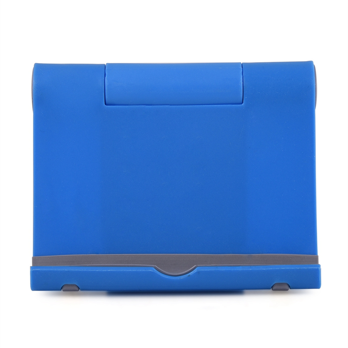 Blauer Tablet-Ständer. Es ist ein kleiner, faltbarer und einfacher Ständer. Weißer Hintergrund.