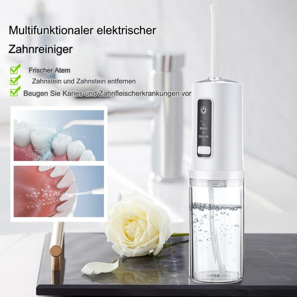 Elektrischer Munddusche. Zeigt Zahnreinigung mit Text zu frischem Atem, Fleckenentfernung und Kariesvorbeugung.