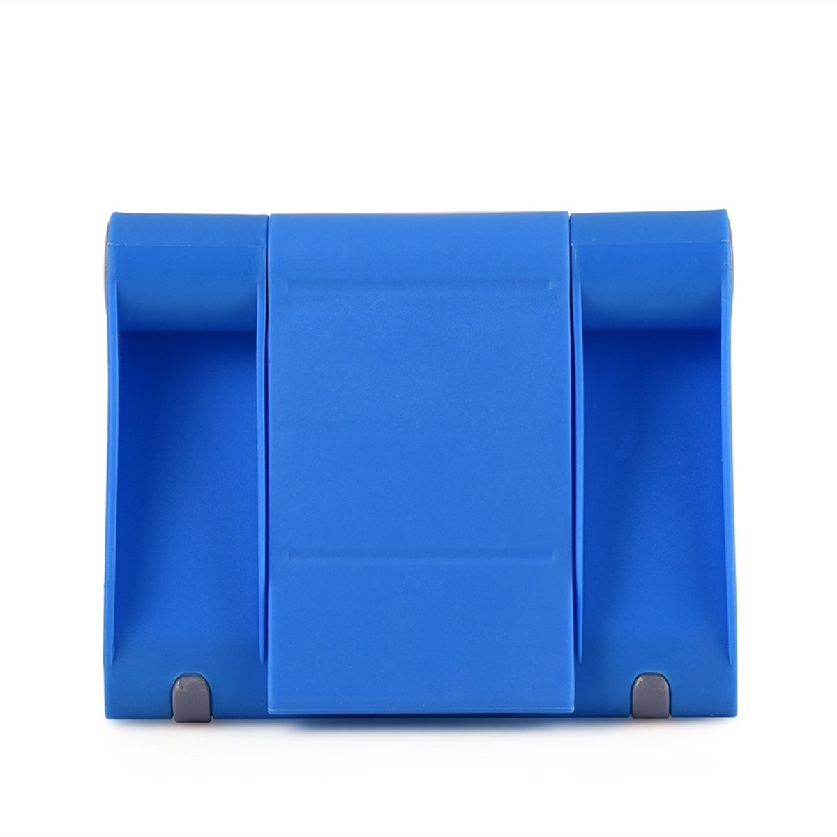 Blauer Telefonhalter mit zwei grauen Gummifüßen.