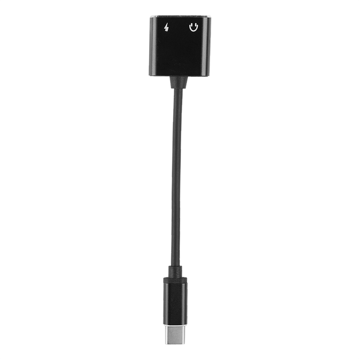 Schwarzer Adapter mit USB-C-Anschluss und Ladeanschluss, auf weißem Grund.