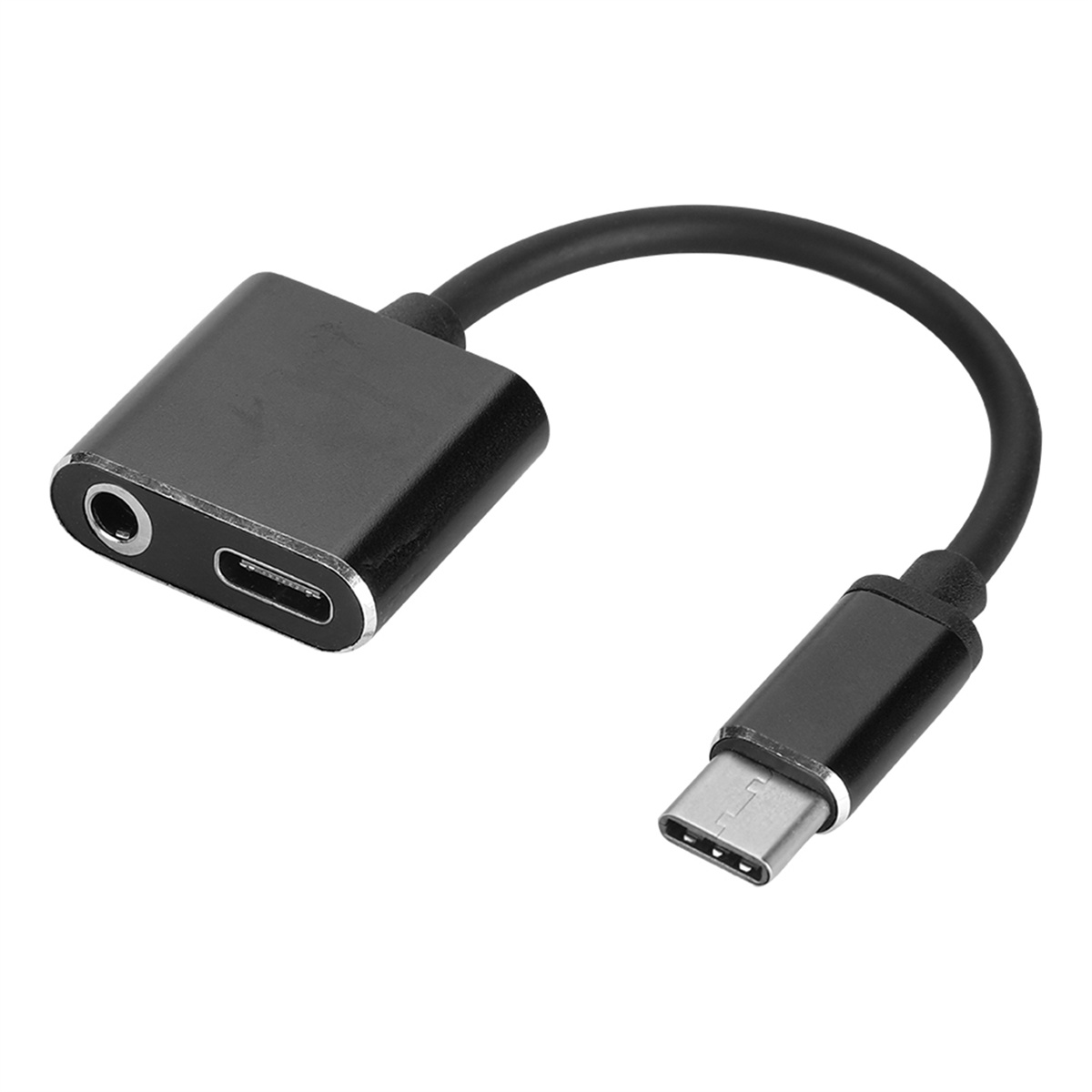 Schwarzer Adapter mit USB-C und 3,5-mm-Audioanschluss.