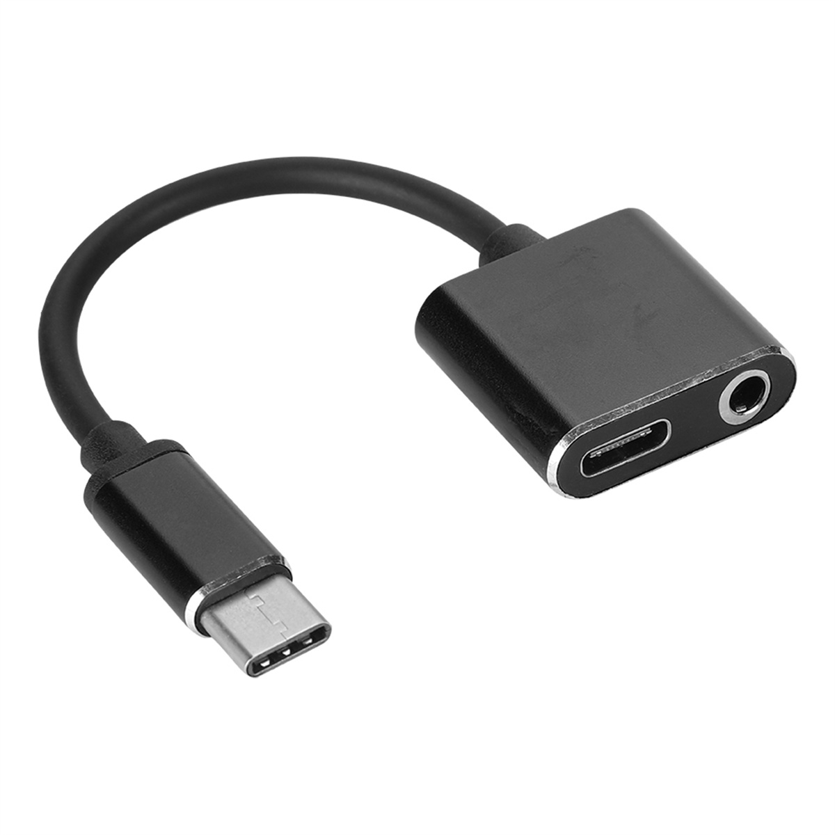 Ein schwarzer Adapter mit USB-C und 3,5-mm-Klinkenanschluss.