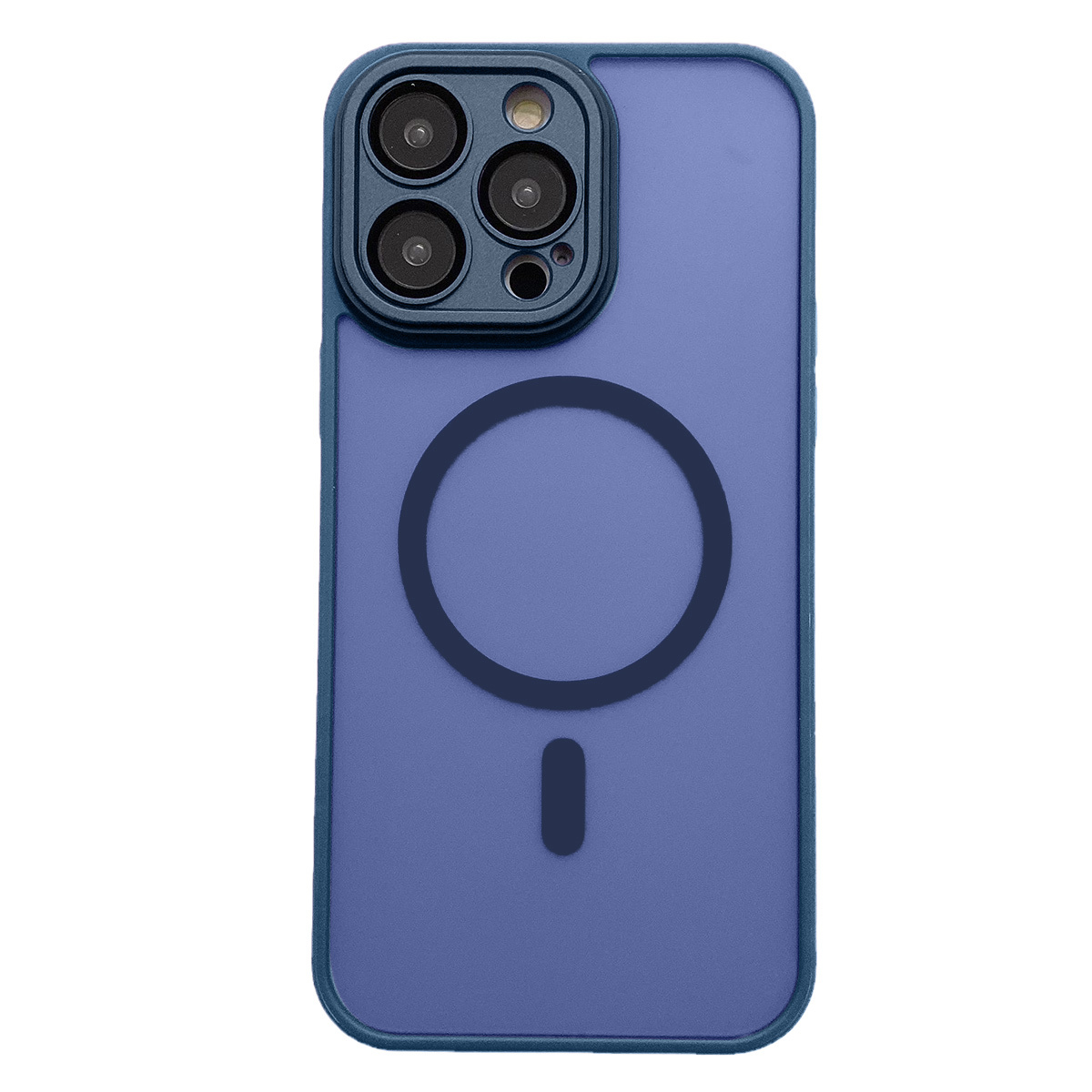Blaue Handyhülle mit schwarzem Kreis und Kameraausschnitt. iPhone-Hülle.