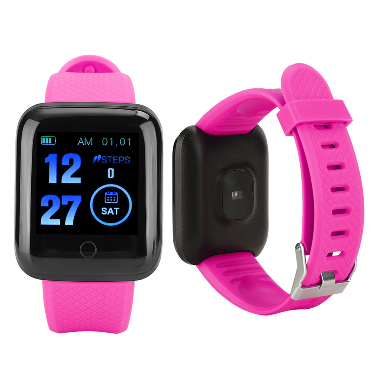 Zwei Smartwatches, eine auf jeder Seite des Bildes. Sie sind schwarz und rosa, das Datum wird angezeigt.