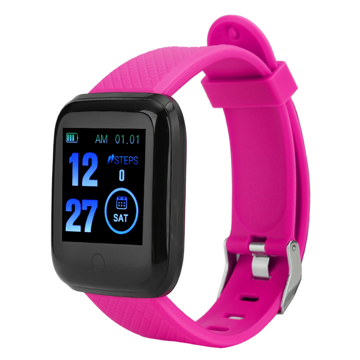 Eine rosa Smartwatch mit schwarzem Bildschirm, der Zeit und Datum anzeigt. Das Armband ist ebenfalls rosa.