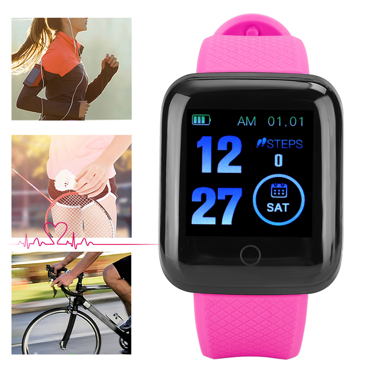 Smartwatch mit pinkem Band, zeigt Zeit und Schritte, mit Aktivitätsbildern.
