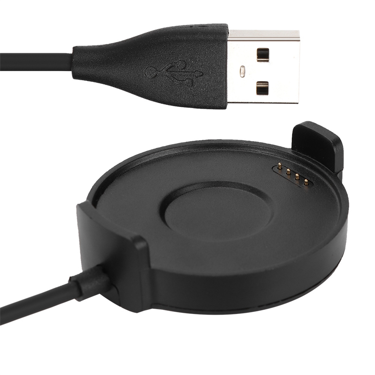 Schwarze Ladestation mit USB-Anschluss, auf weißer Oberfläche. Die Station ist rund.