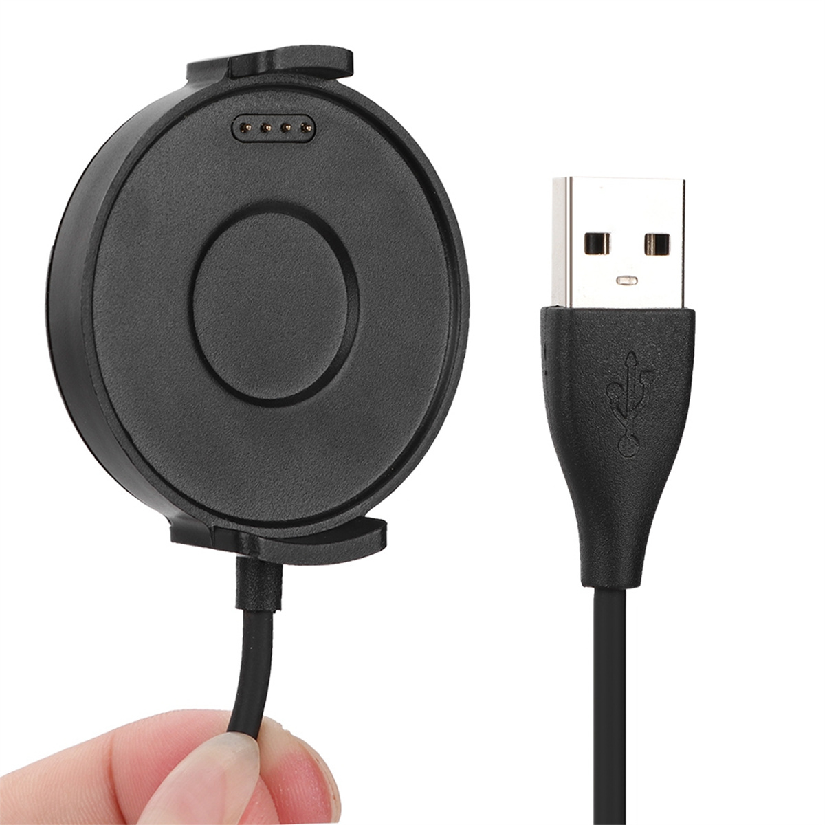 Eine schwarze Ladestation mit USB-Kabel. Die Basis hat ein kreisförmiges Design. Das Kabel ist angeschlossen.