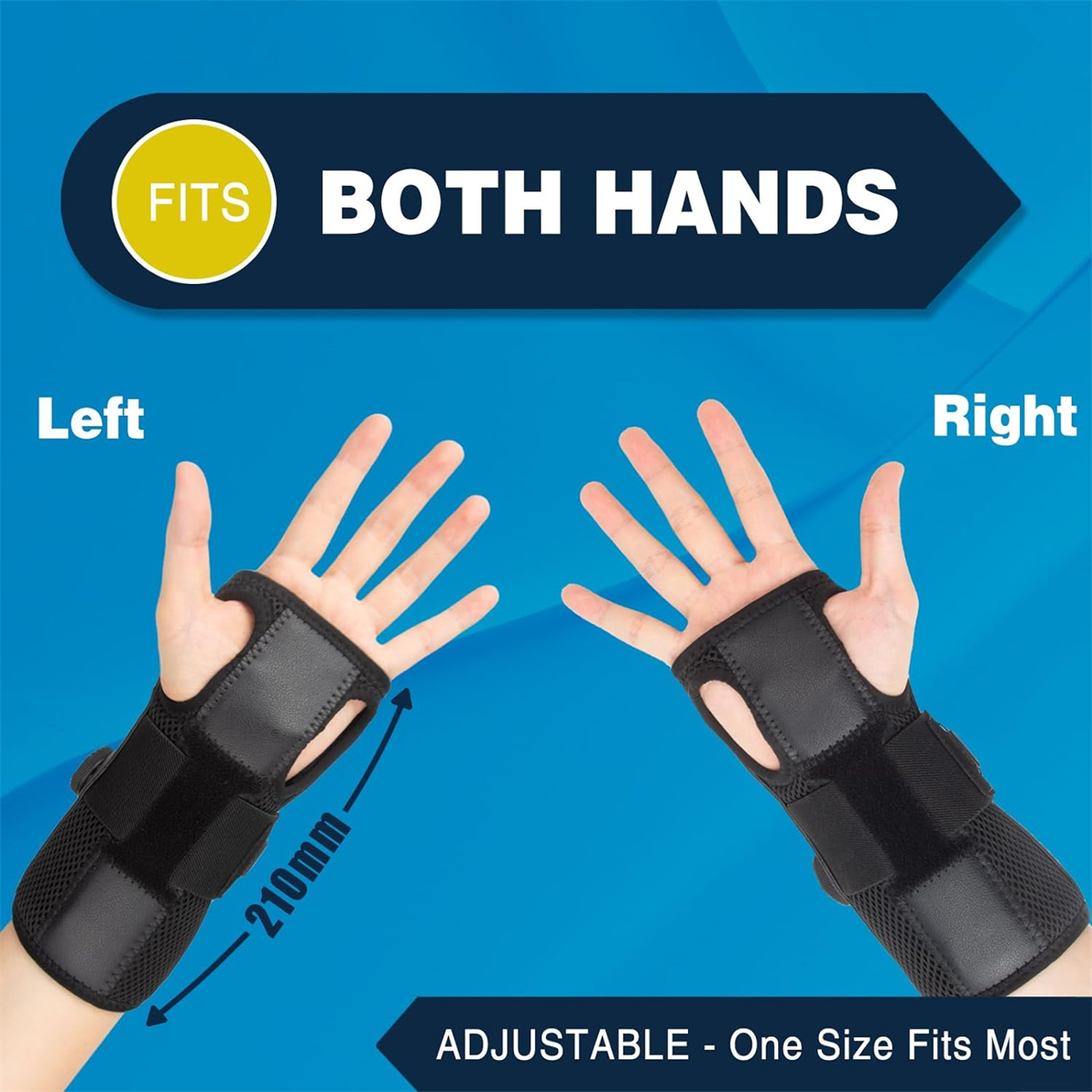 Zwei schwarze Handgelenkstützen mit Klettverschlüssen an Händen. Text: 'Passend für beide Hände' und 'Verstellbar'.