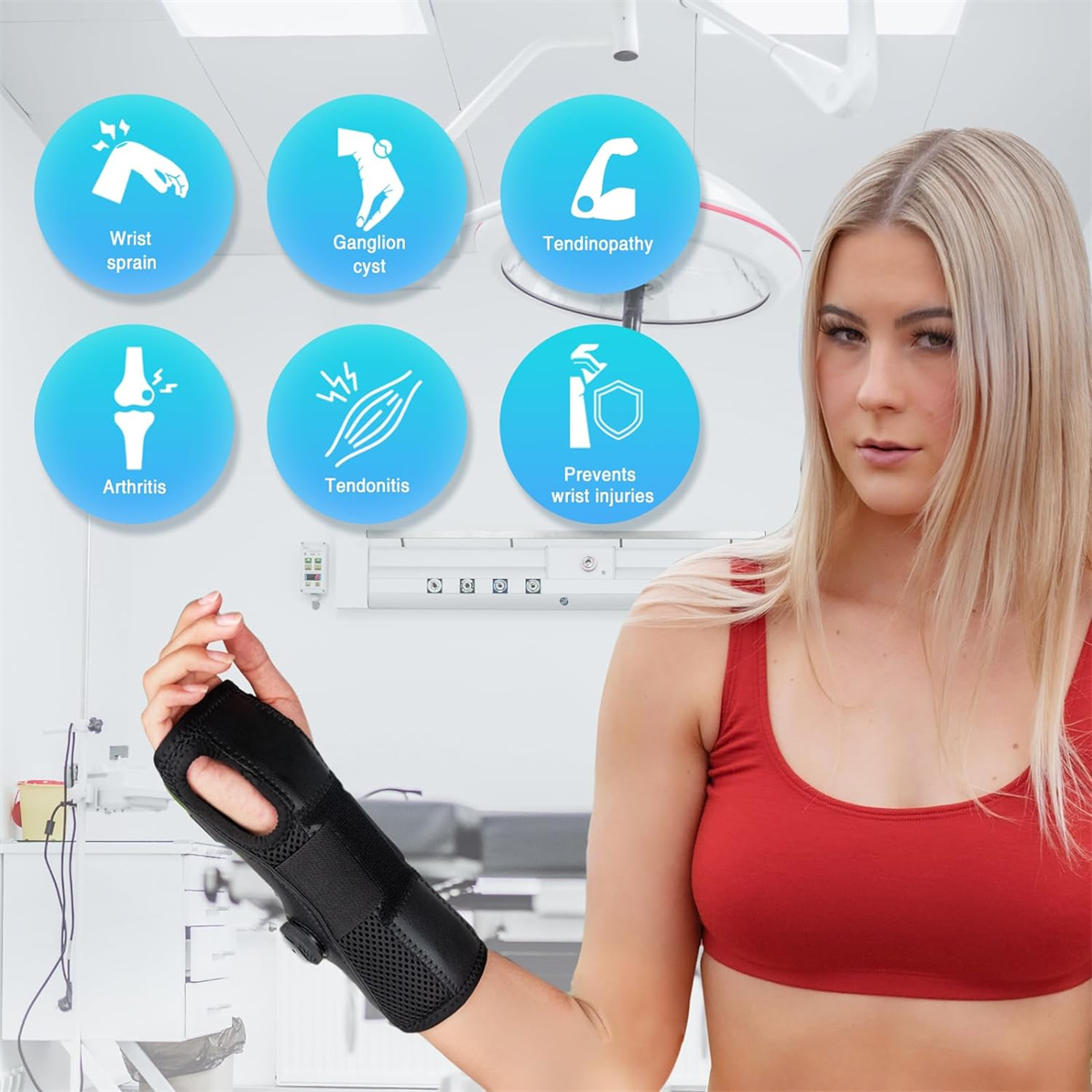 Eine Frau mit einer Handgelenkstütze, mit medizinischen Diagrammen von Handgelenkverletzungen und -erkrankungen im Hintergrund.