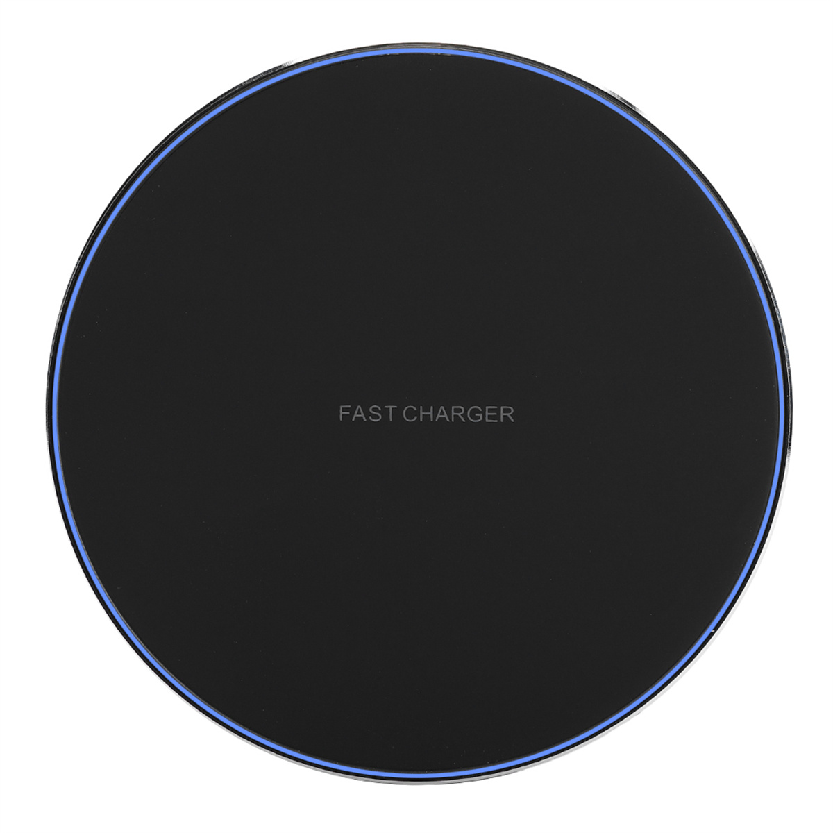 Ein schwarzes kabelloses Ladegerät mit dem Text 'FAST CHARGER' und einem blauen Rand. Der Hintergrund ist weiß.