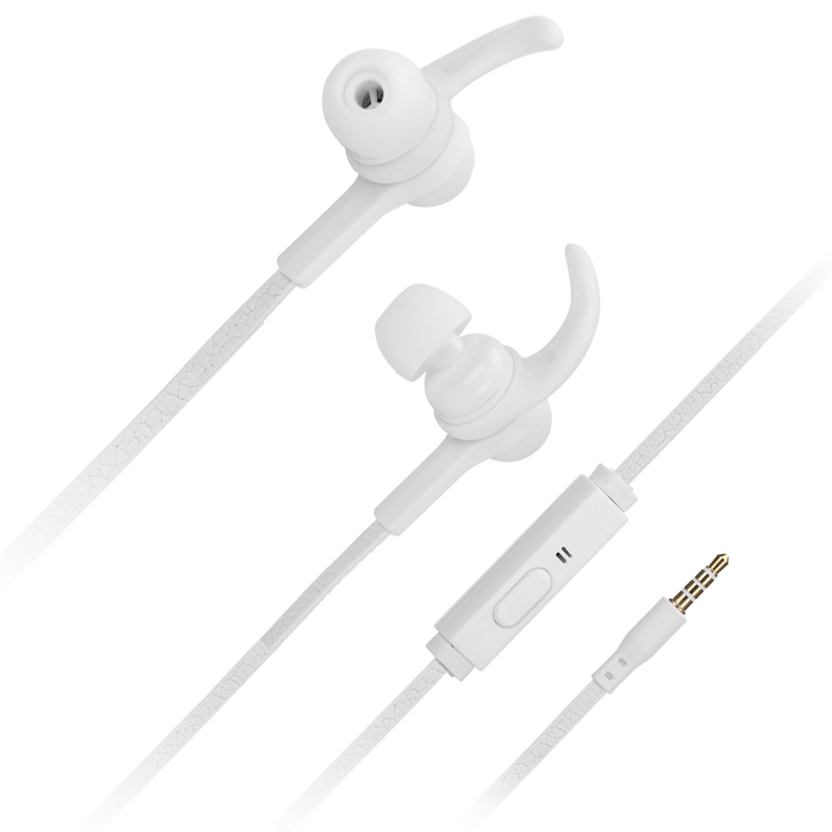 Weiße In-Ear-Kopfhörer mit Steuermodul und goldfarbenem 3,5-mm-Klinkenstecker.