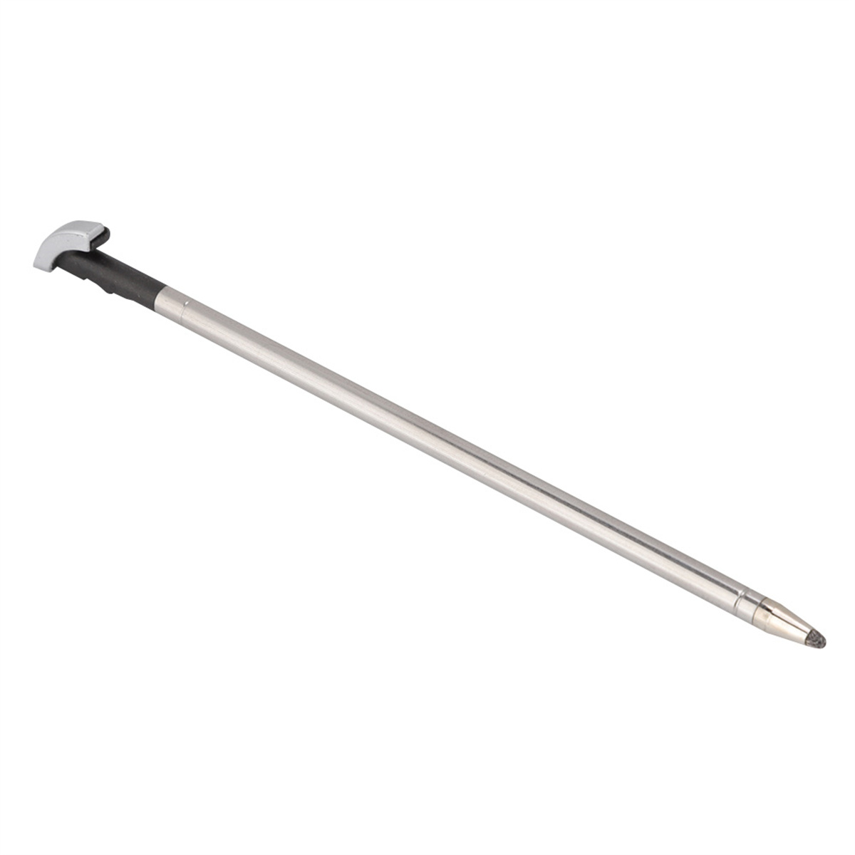 Silberner Stift mit grauem Aufsatz. Der Stift liegt auf weißem Hintergrund.